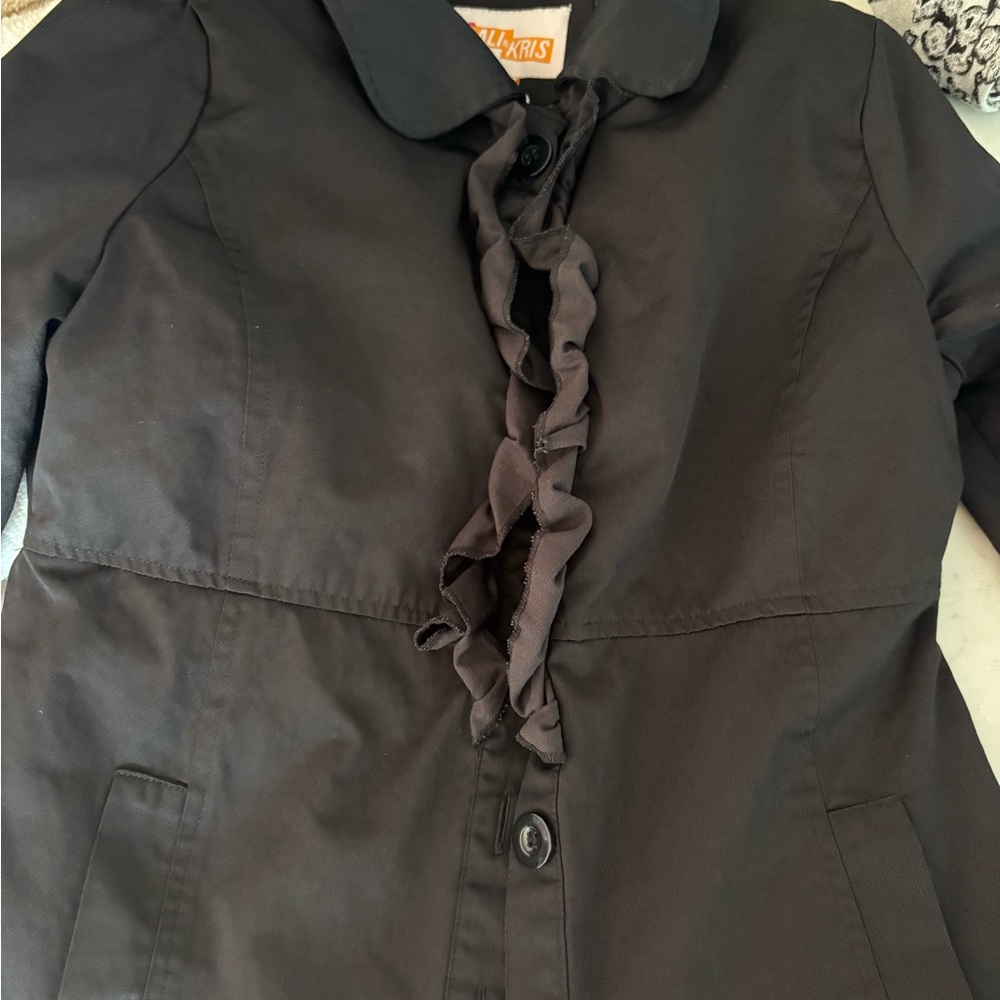 Ali & Kris Black Trench Coat with Ruffle Detail Girls